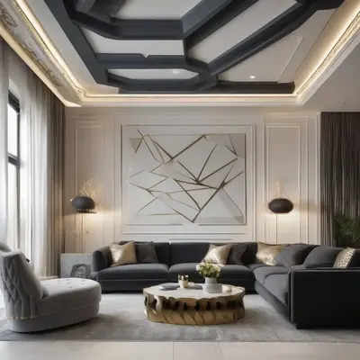 Luxurious living room with artistic hand-painted textured ceiling in Al Mushrif, Abu Dhabi